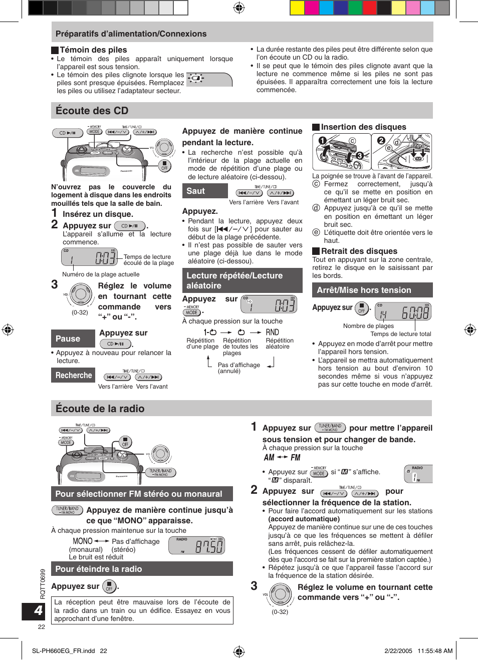 Écoute des cd, Écoute de la radio | Panasonic SLPH660 User Manual | Page 22 / 80