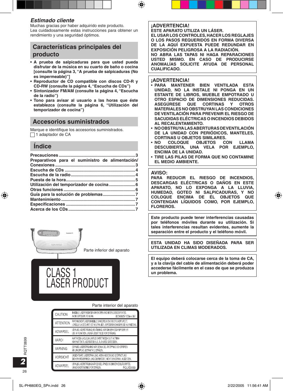 Características principales del producto, Accesorios suministrados, Índice | Estimado cliente | Panasonic SLPH660 User Manual | Page 26 / 80