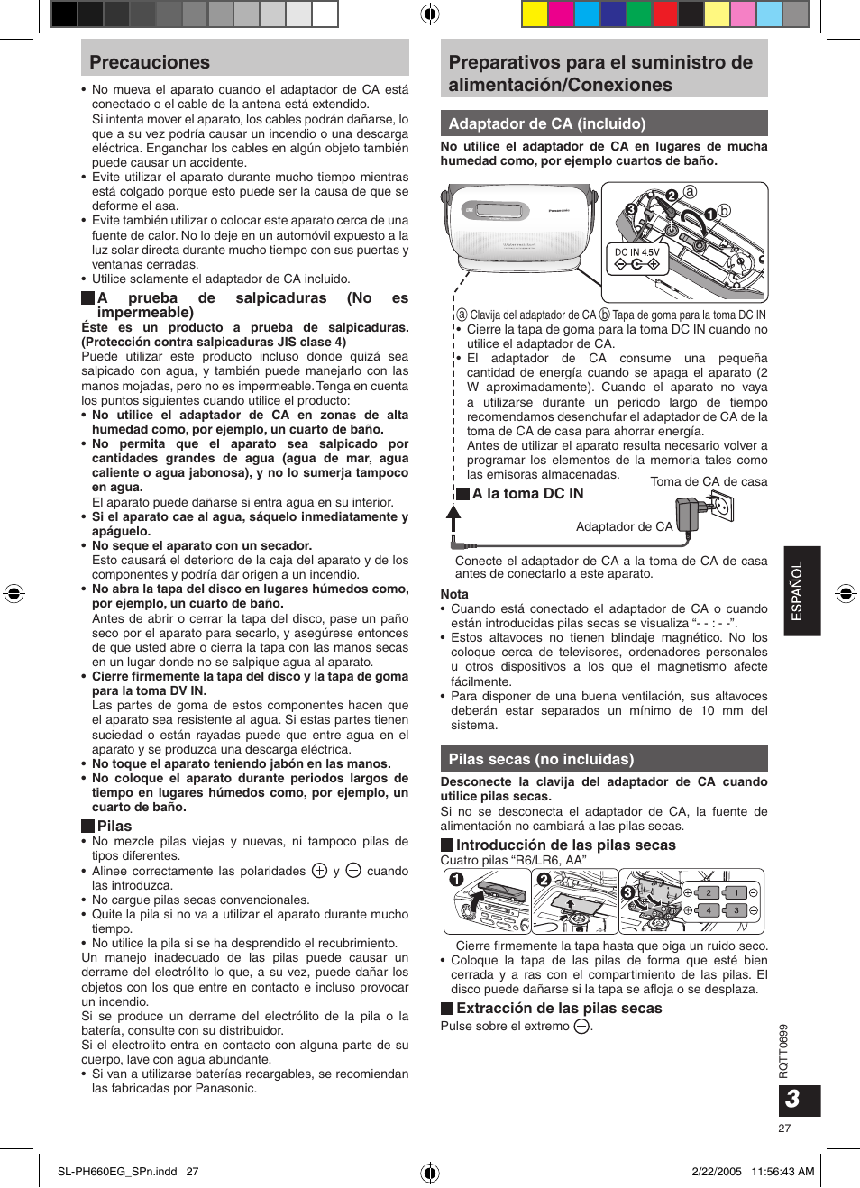 Precauciones | Panasonic SLPH660 User Manual | Page 27 / 80
