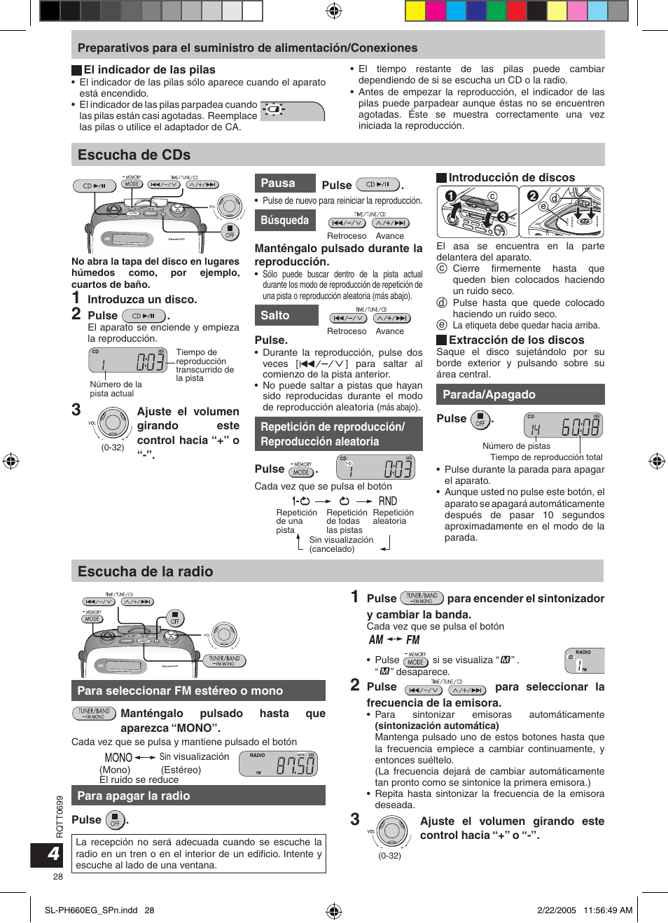 Escucha de cds, Escucha de la radio | Panasonic SLPH660 User Manual | Page 28 / 80