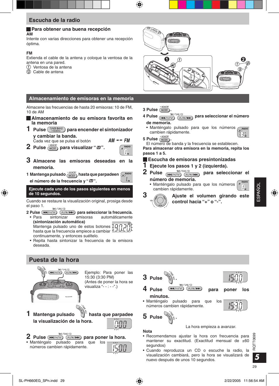 Puesta de la hora | Panasonic SLPH660 User Manual | Page 29 / 80