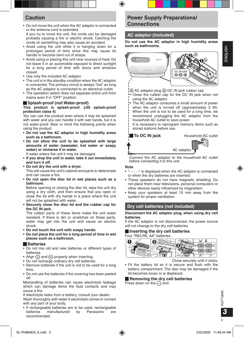 Caution, Power supply preparations/ connections, Ac adaptor (included) | Dry cell batteries (not included) | Panasonic SLPH660 User Manual | Page 3 / 80