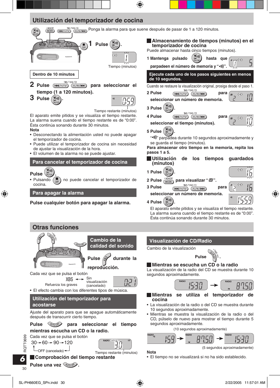 Utilización del temporizador de cocina, Otras funciones | Panasonic SLPH660 User Manual | Page 30 / 80