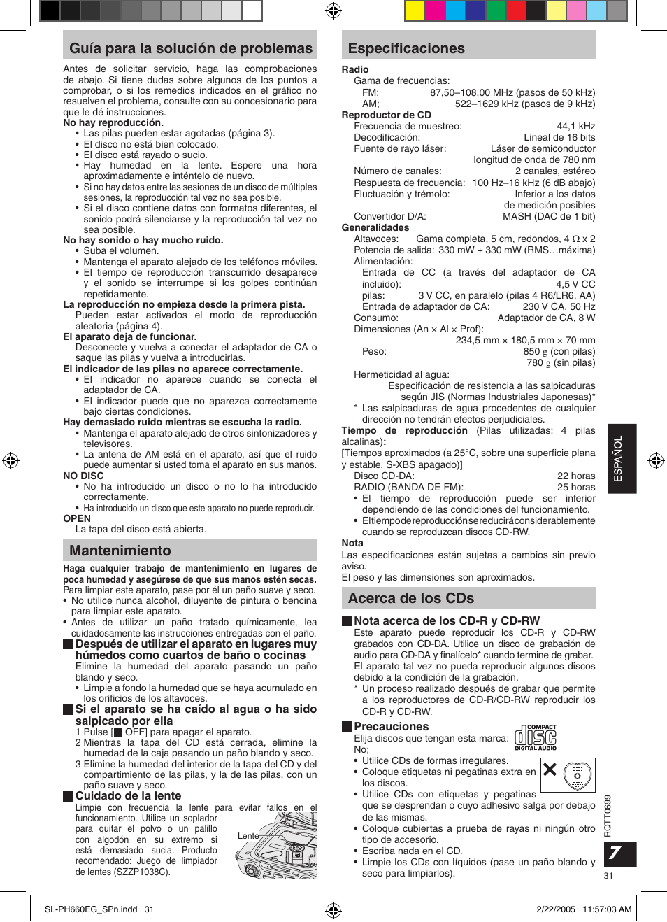 Guía para la solución de problemas, Mantenimiento, Especiﬁcaciones | Acerca de los cds | Panasonic SLPH660 User Manual | Page 31 / 80