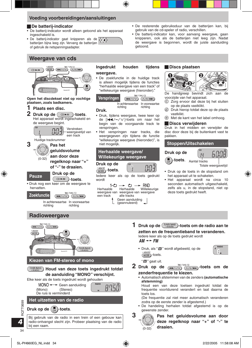 Weergave van cds, Radioweergave, Voeding voorbereidingen/aansluitingen | Panasonic SLPH660 User Manual | Page 34 / 80