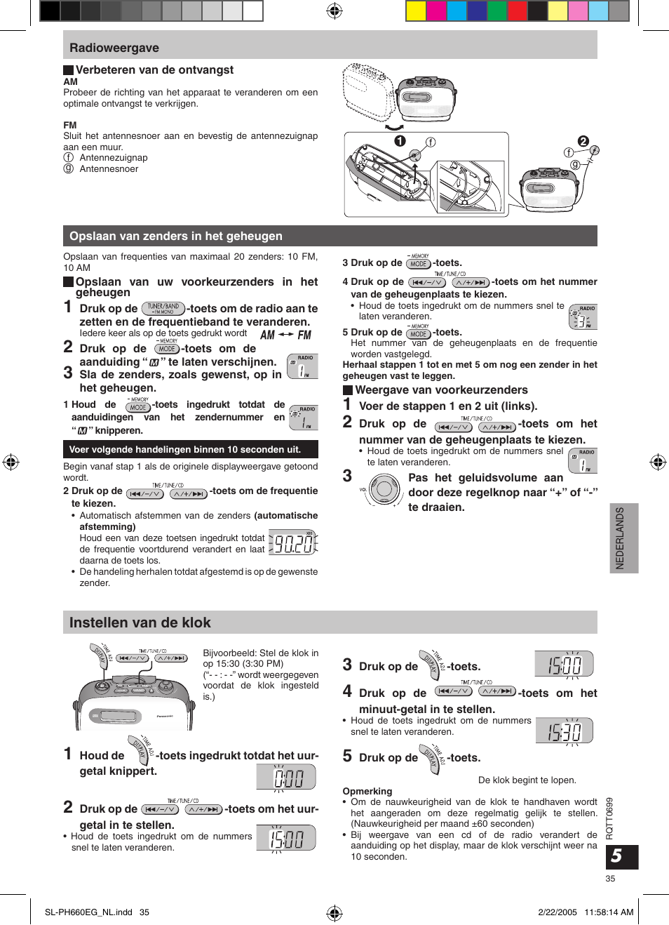 Instellen van de klok | Panasonic SLPH660 User Manual | Page 35 / 80