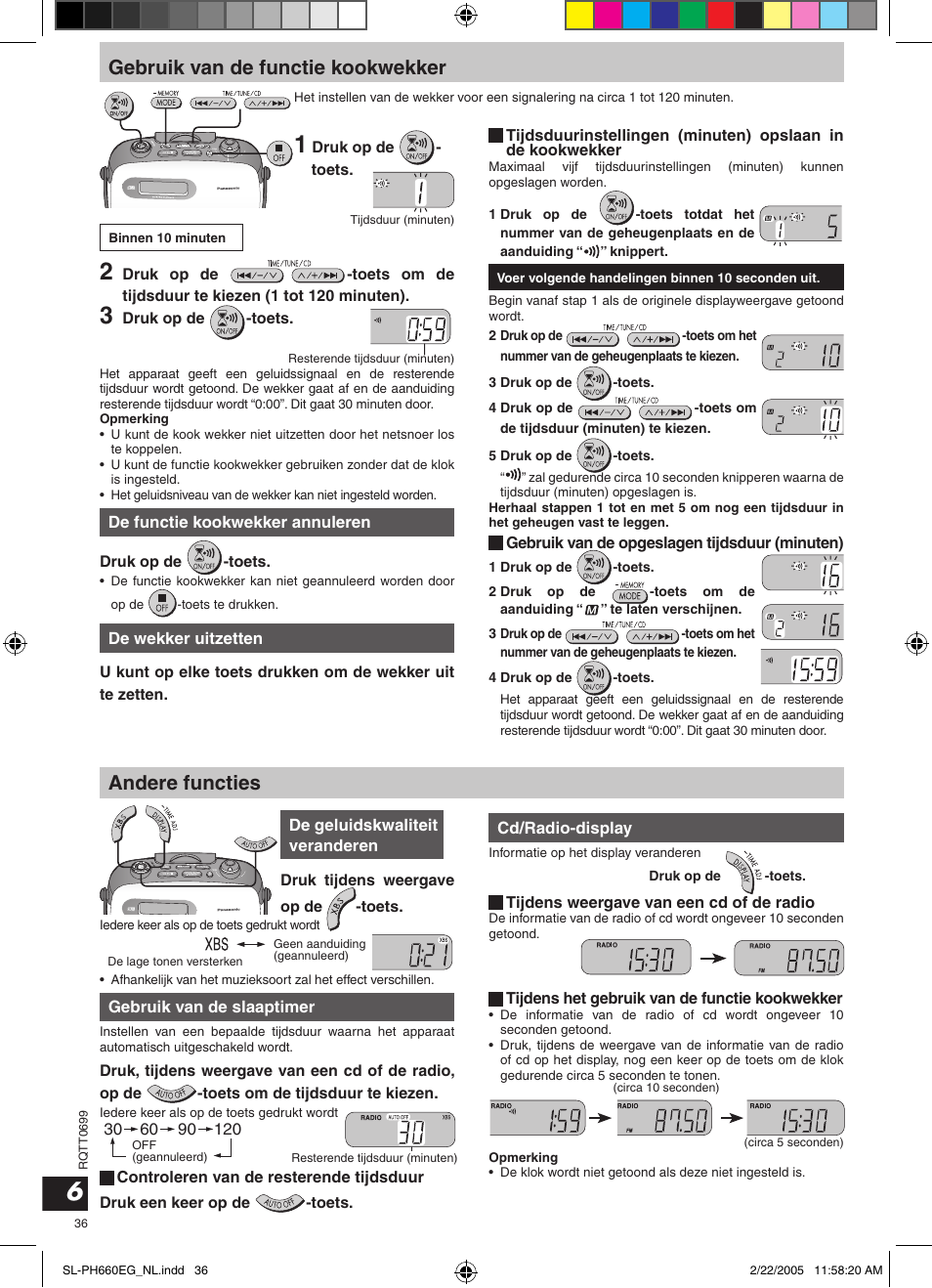 Gebruik van de functie kookwekker, Andere functies | Panasonic SLPH660 User Manual | Page 36 / 80