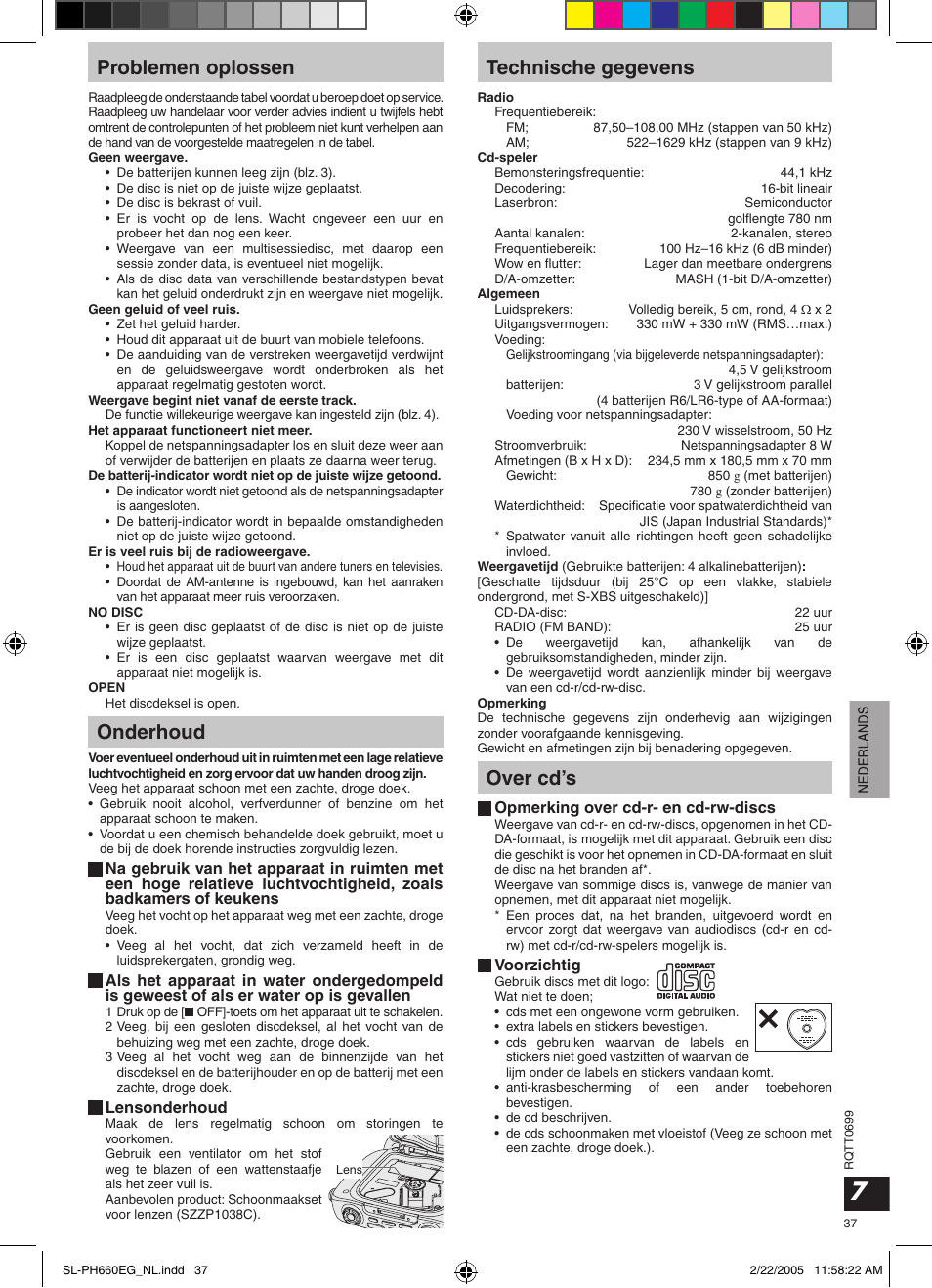 Problemen oplossen, Onderhoud, Technische gegevens | Over cd’s, Lensonderhoud, Opmerking over cd-r- en cd-rw-discs, Voorzichtig | Panasonic SLPH660 User Manual | Page 37 / 80