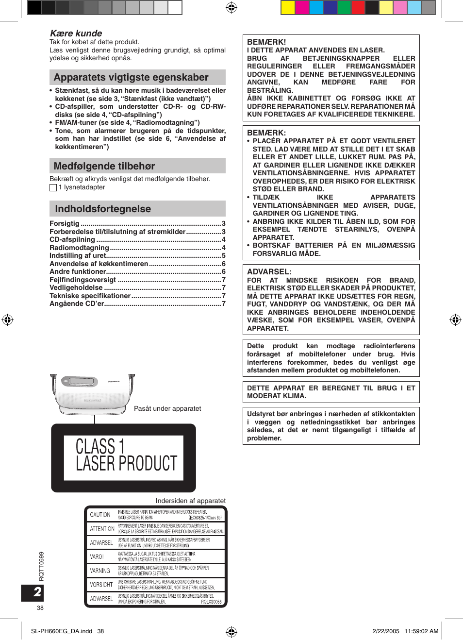 Apparatets vigtigste egenskaber, Medfølgende tilbehør, Indholdsfortegnelse | Kære kunde | Panasonic SLPH660 User Manual | Page 38 / 80