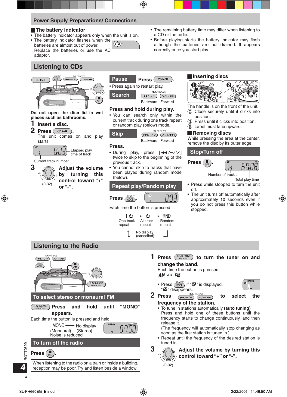 Listening to cds, Listening to the radio | Panasonic SLPH660 User Manual | Page 4 / 80