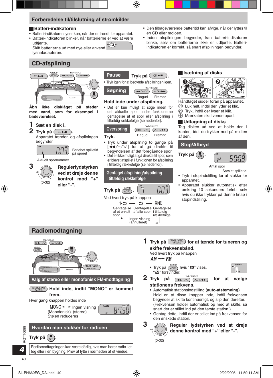 Cd-afspilning, Radiomodtagning | Panasonic SLPH660 User Manual | Page 40 / 80