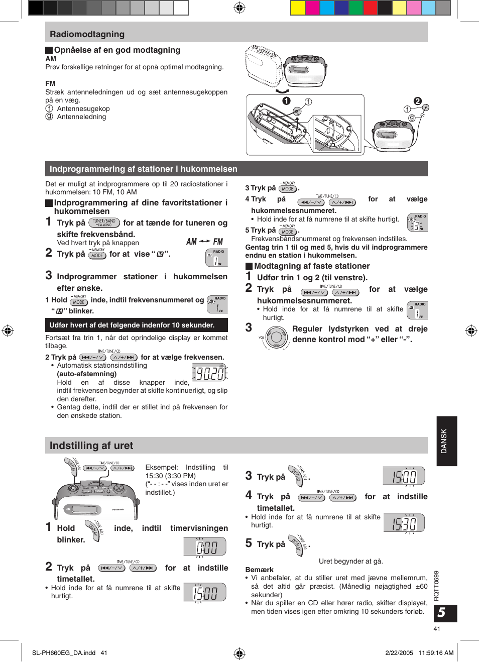 Indstilling af uret | Panasonic SLPH660 User Manual | Page 41 / 80