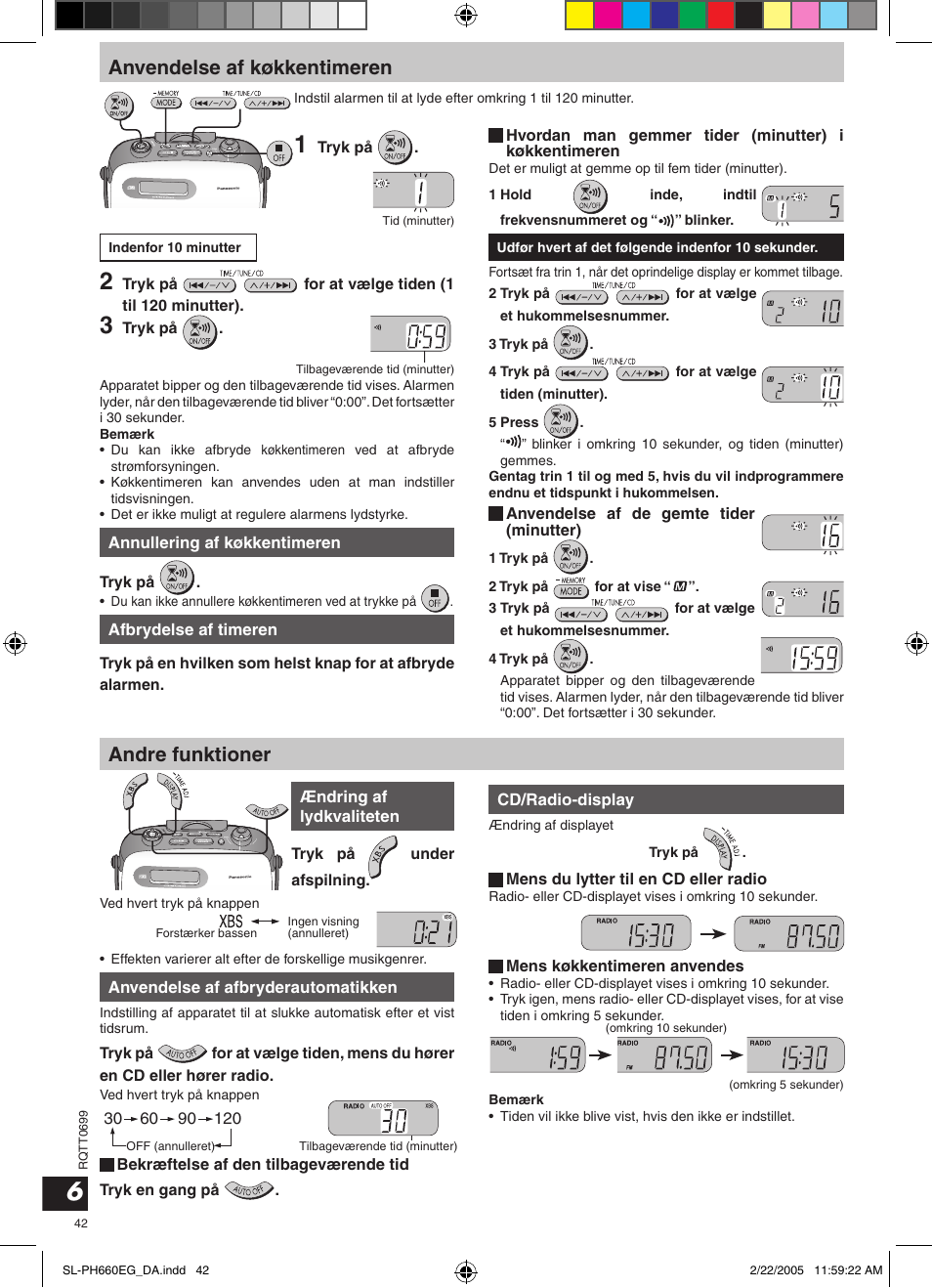 Anvendelse af køkkentimeren, Andre funktioner | Panasonic SLPH660 User Manual | Page 42 / 80