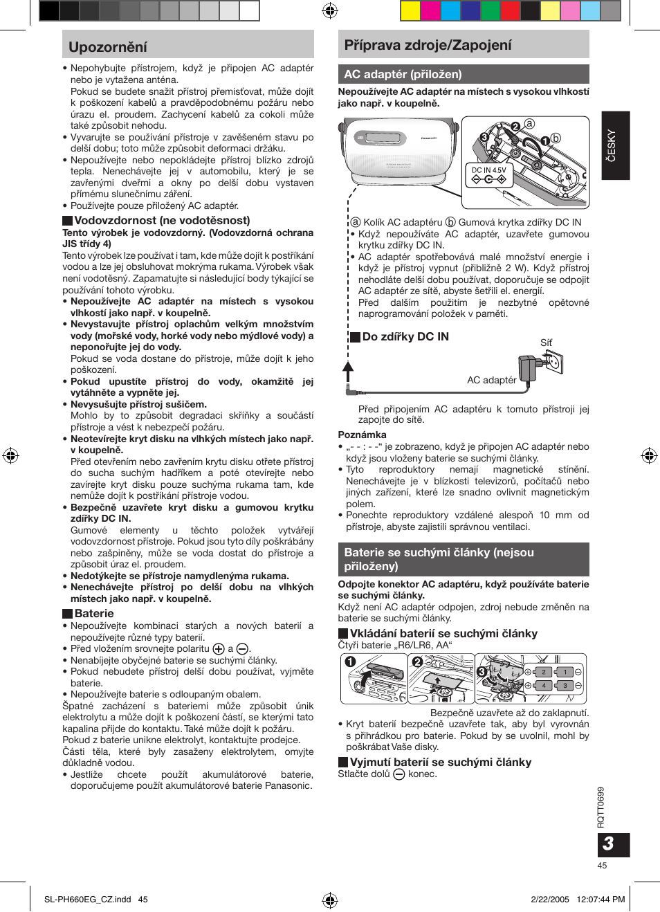 Upozornìní, Pøíprava zdroje/zapojení | Panasonic SLPH660 User Manual | Page 45 / 80