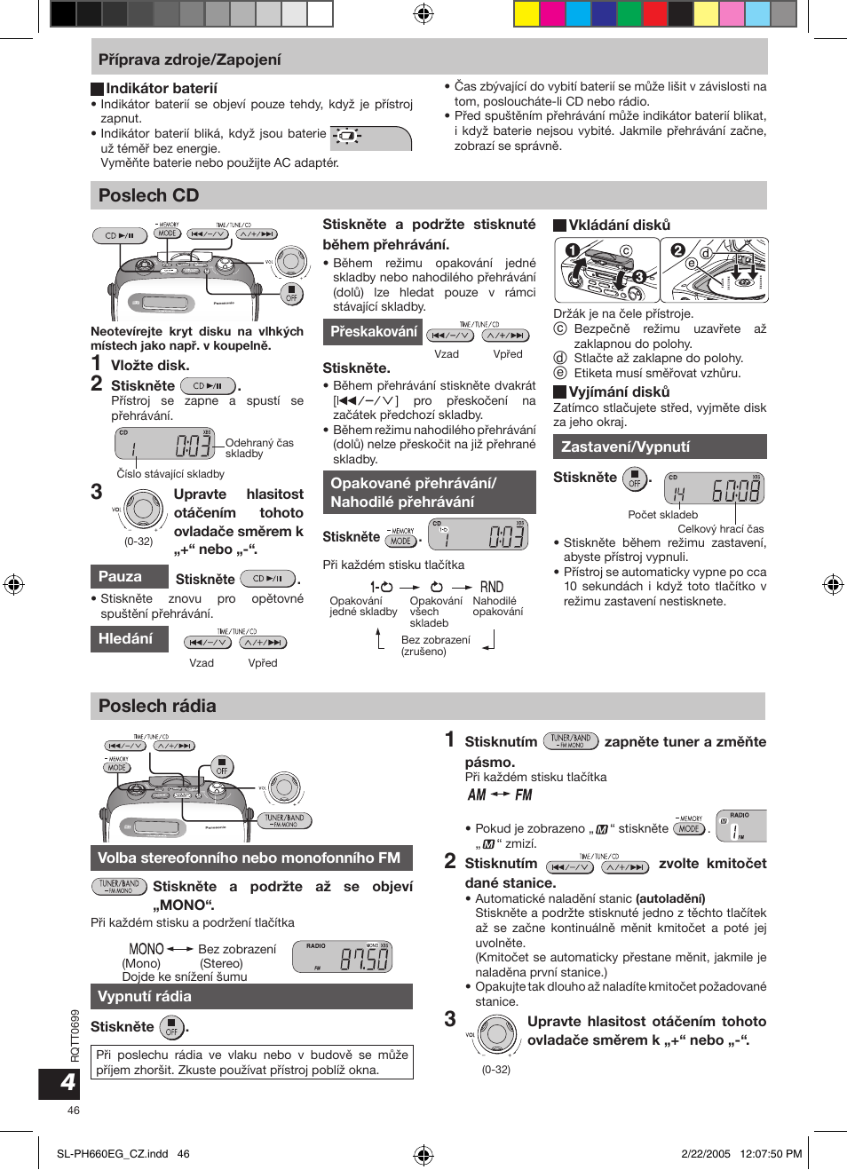 Poslech cd, Poslech rádia | Panasonic SLPH660 User Manual | Page 46 / 80