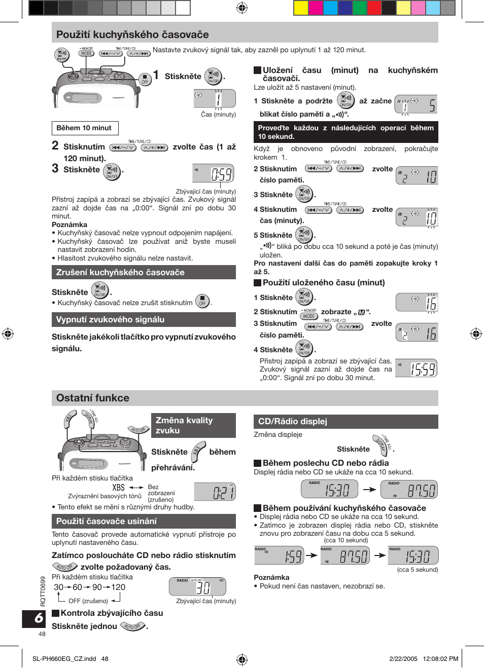 Použití kuchyòského èasovaèe, Ostatní funkce | Panasonic SLPH660 User Manual | Page 48 / 80