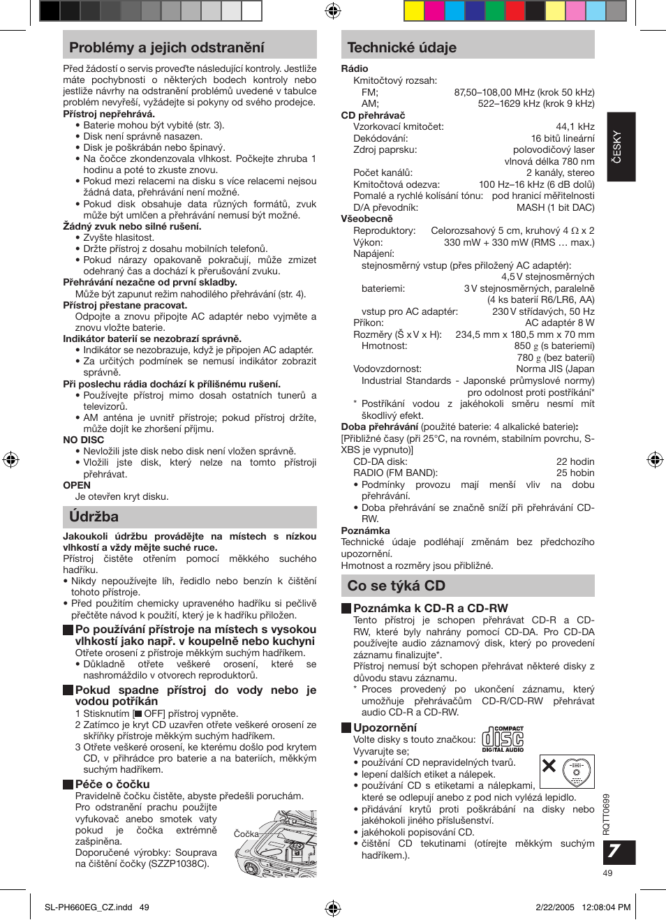 Problémy a jejich odstranìní, Údržba, Technické údaje | Co se týká cd | Panasonic SLPH660 User Manual | Page 49 / 80