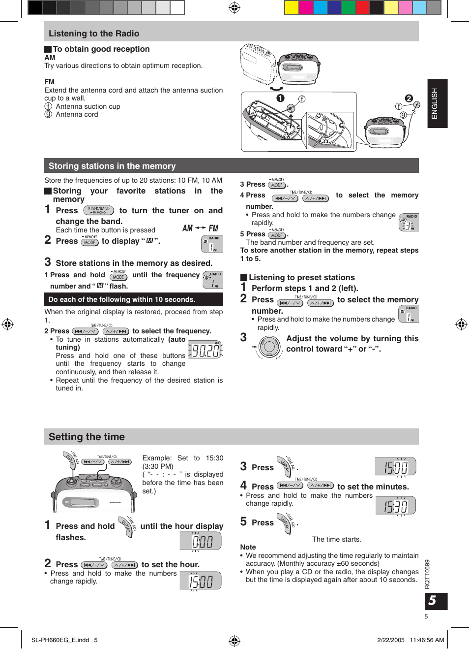 Setting the time | Panasonic SLPH660 User Manual | Page 5 / 80