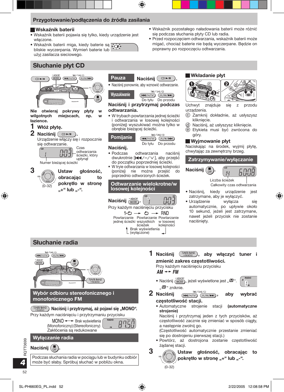 S³uchanie p³yt cd, S³uchanie radia | Panasonic SLPH660 User Manual | Page 52 / 80