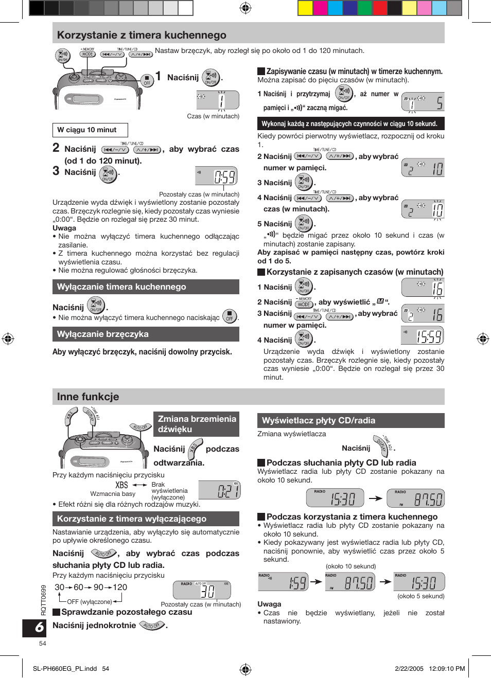 Korzystanie z timera kuchennego, Inne funkcje | Panasonic SLPH660 User Manual | Page 54 / 80