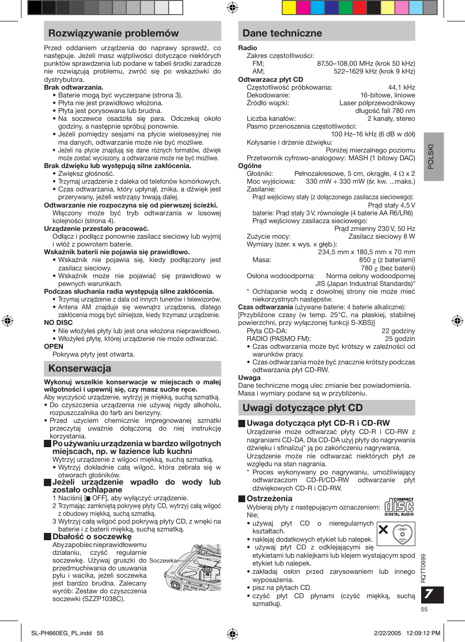 Rozwi¹zywanie problemów, Konserwacja, Dane techniczne | Uwagi dotycz¹ce p³yt cd | Panasonic SLPH660 User Manual | Page 55 / 80