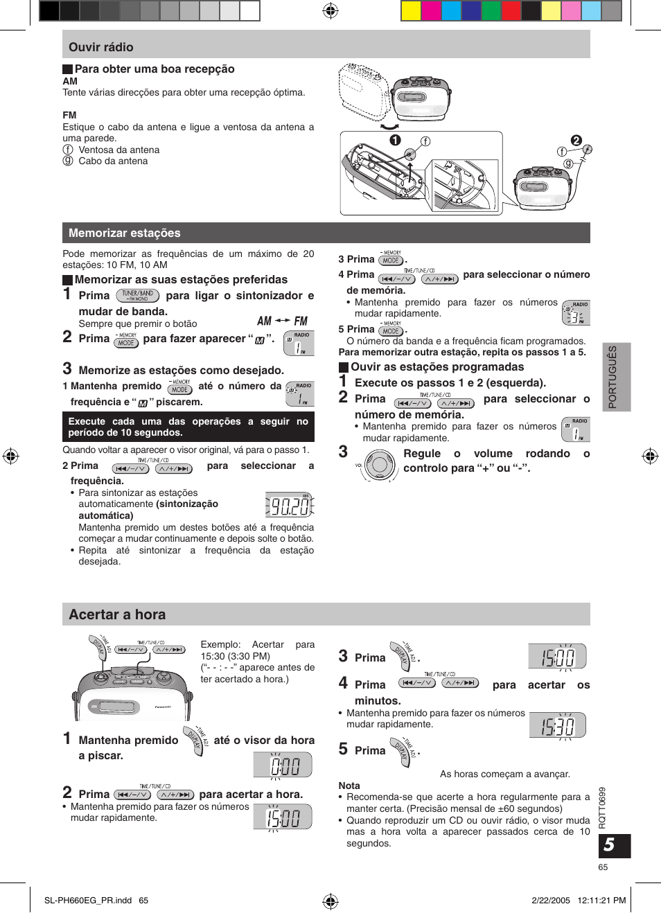 Acertar a hora | Panasonic SLPH660 User Manual | Page 65 / 80