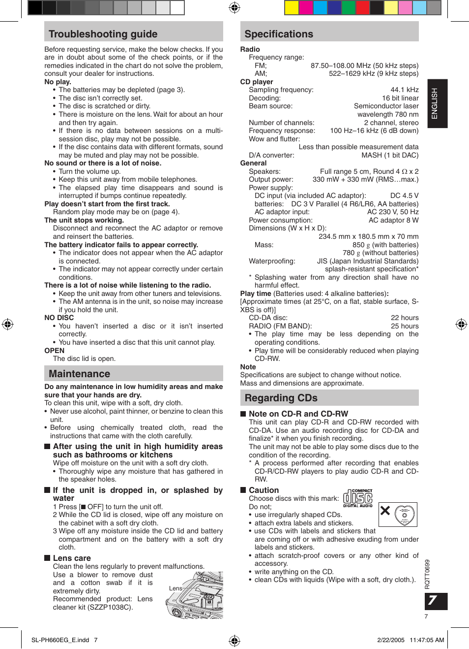 Troubleshooting guide, Maintenance, Speciﬁcations | Regarding cds | Panasonic SLPH660 User Manual | Page 7 / 80