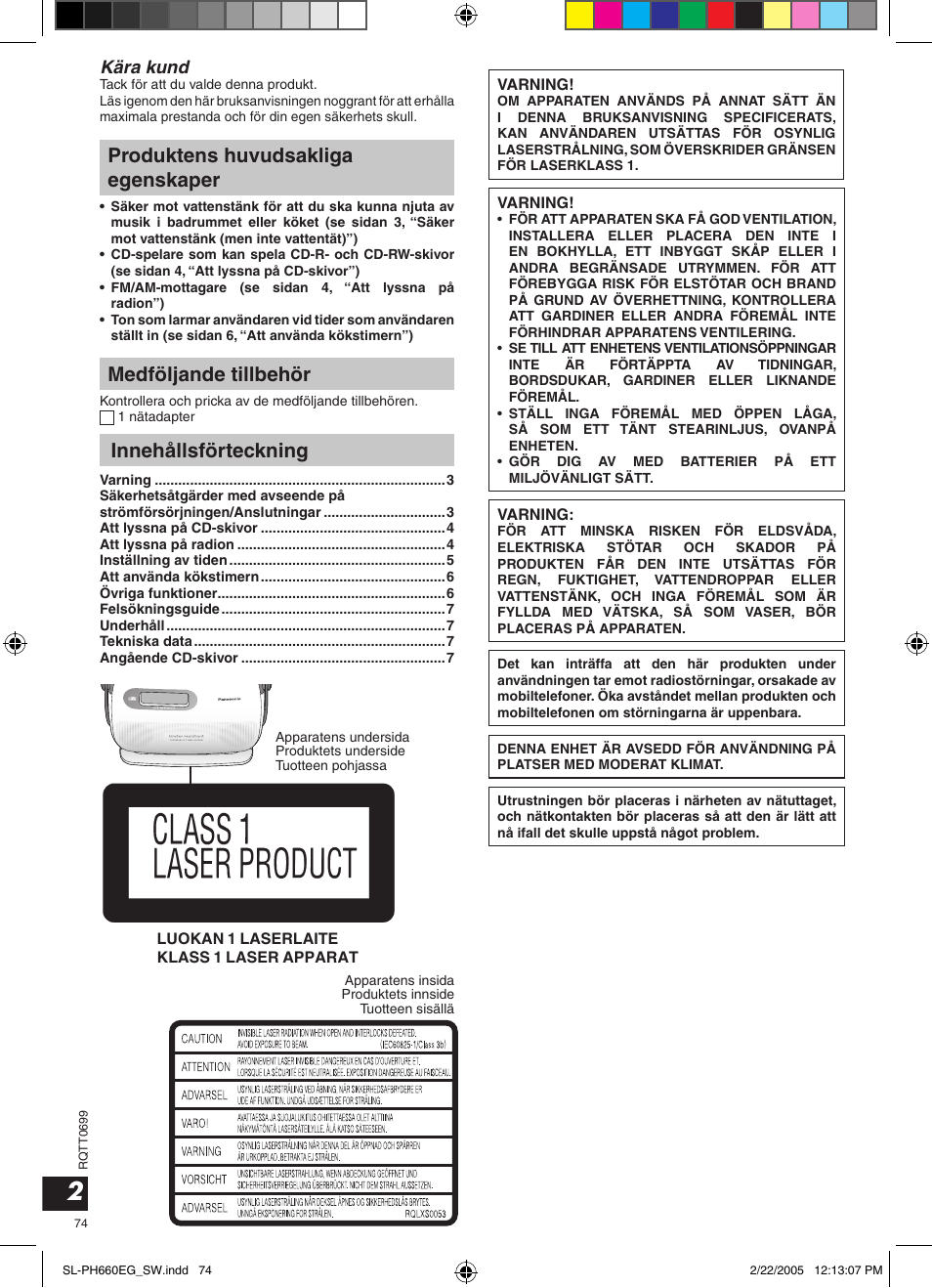 Produktens huvudsakliga egenskaper, Medföljande tillbehör, Innehållsförteckning | Kära kund | Panasonic SLPH660 User Manual | Page 74 / 80