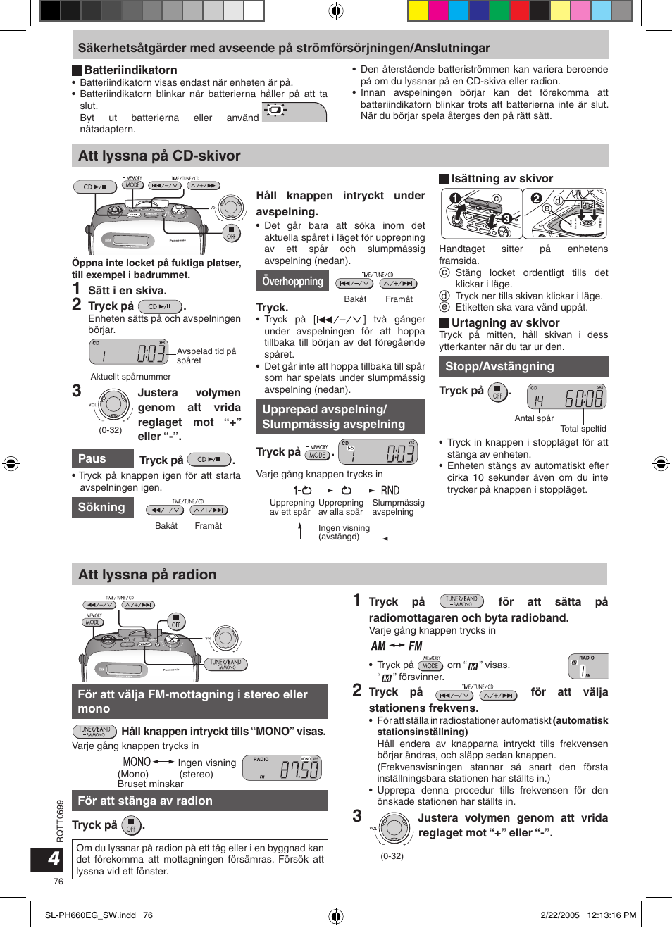 Att lyssna på cd-skivor, Att lyssna på radion | Panasonic SLPH660 User Manual | Page 76 / 80