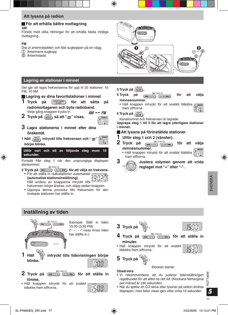 Inställning av tiden | Panasonic SLPH660 User Manual | Page 77 / 80