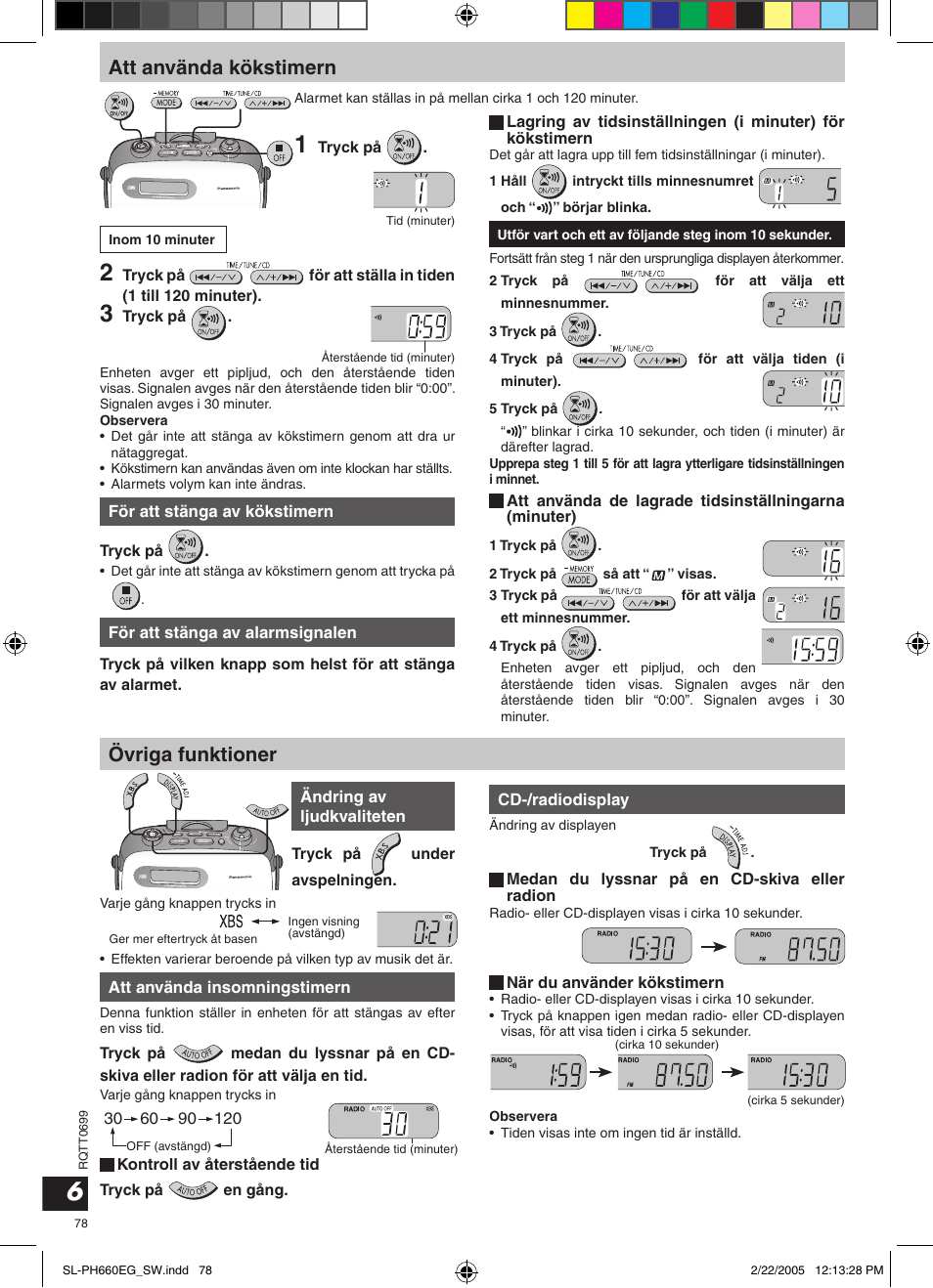 Att använda kökstimern, Övriga funktioner | Panasonic SLPH660 User Manual | Page 78 / 80
