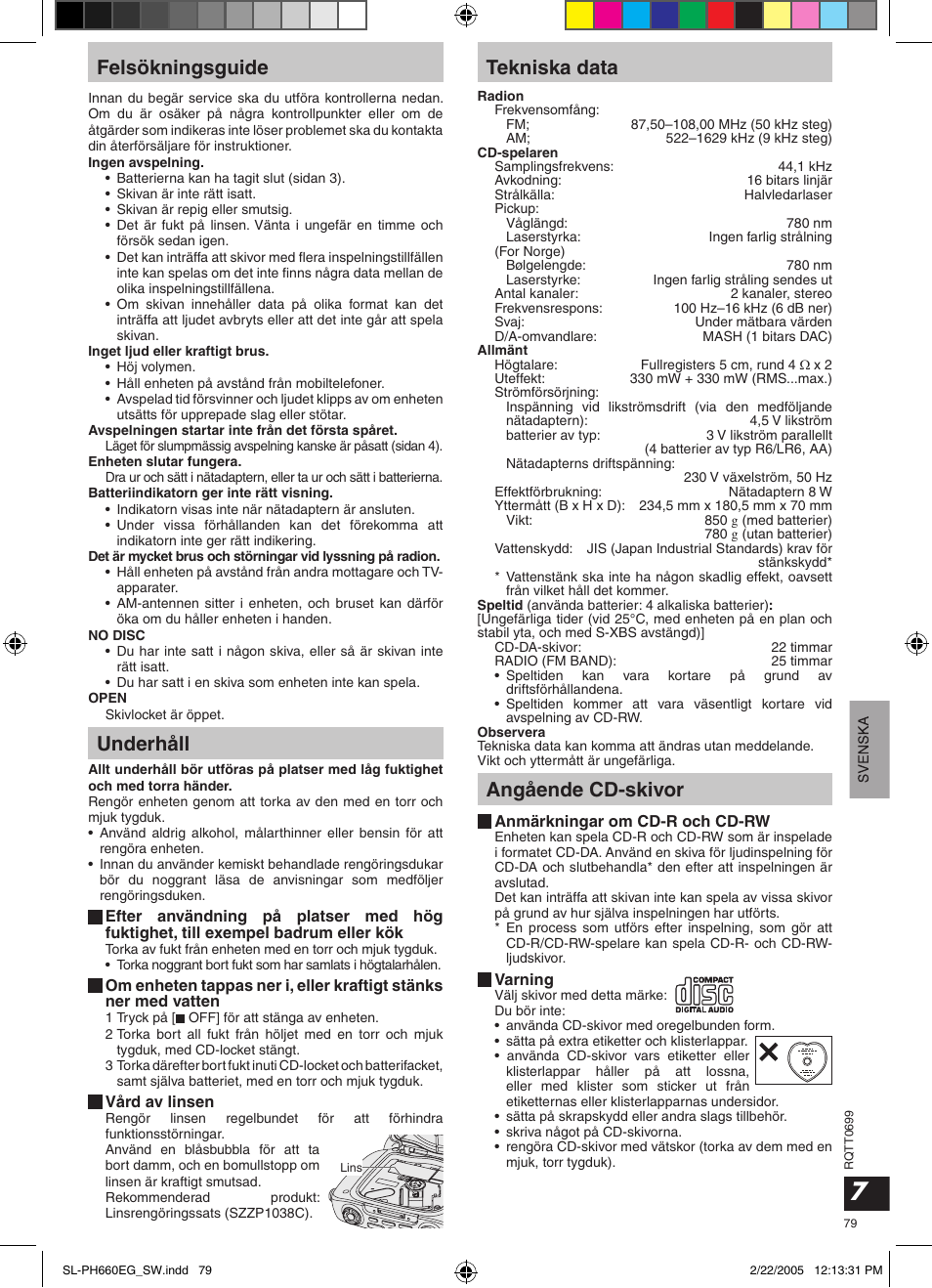 Felsökningsguide, Underhåll, Tekniska data | Angående cd-skivor | Panasonic SLPH660 User Manual | Page 79 / 80