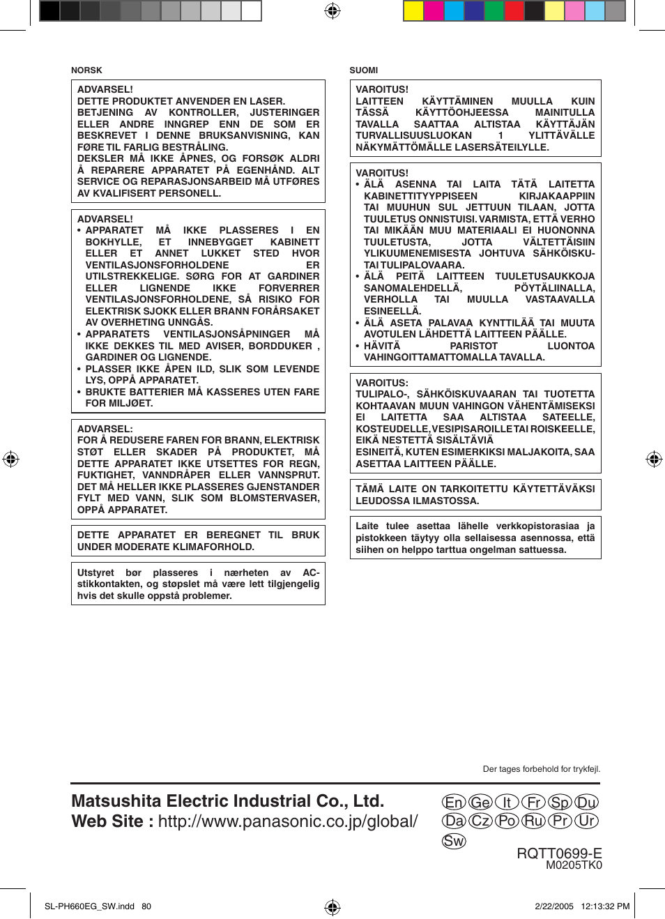 Ur po da sw ru pr du sp it ge en fr cz rqtt0699-e | Panasonic SLPH660 User Manual | Page 80 / 80