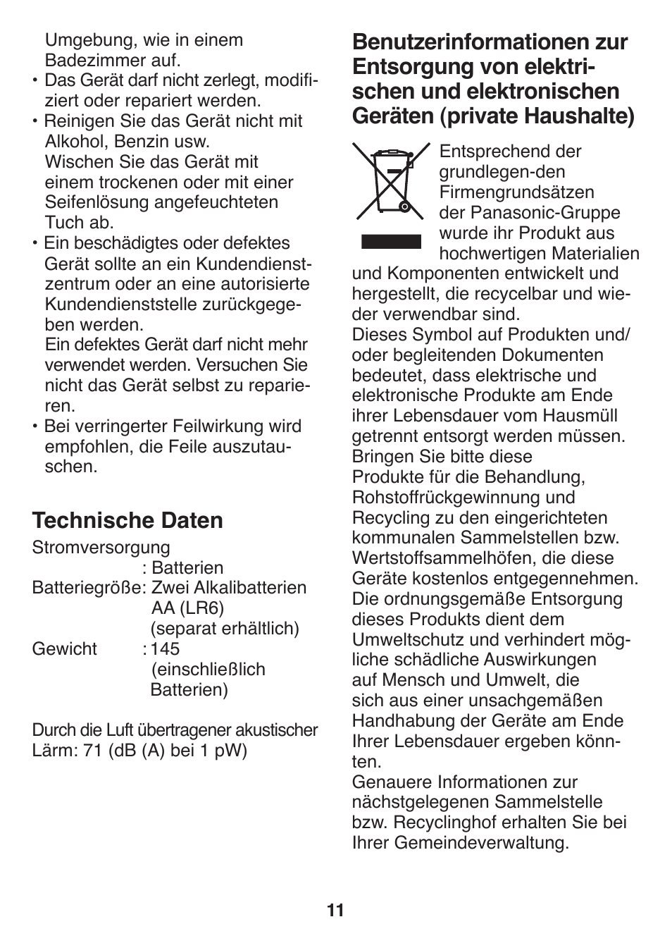 Technische daten | Panasonic ES2502 User Manual | Page 11 / 80