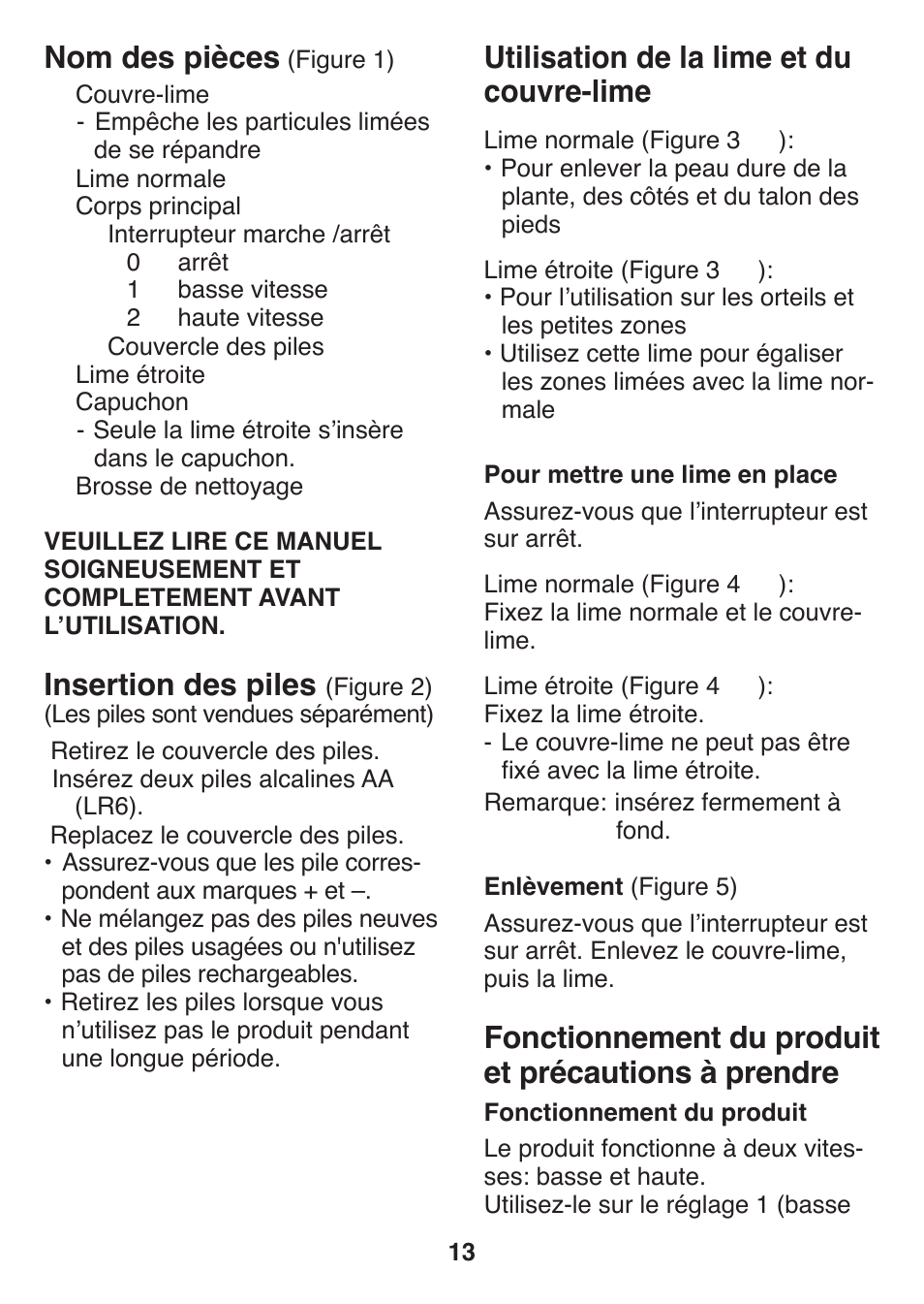 Utilisation de la lime et du couvre-lime, Fonctionnement du produit et précautions à prendre, Nom des pièces | Insertion des piles | Panasonic ES2502 User Manual | Page 13 / 80
