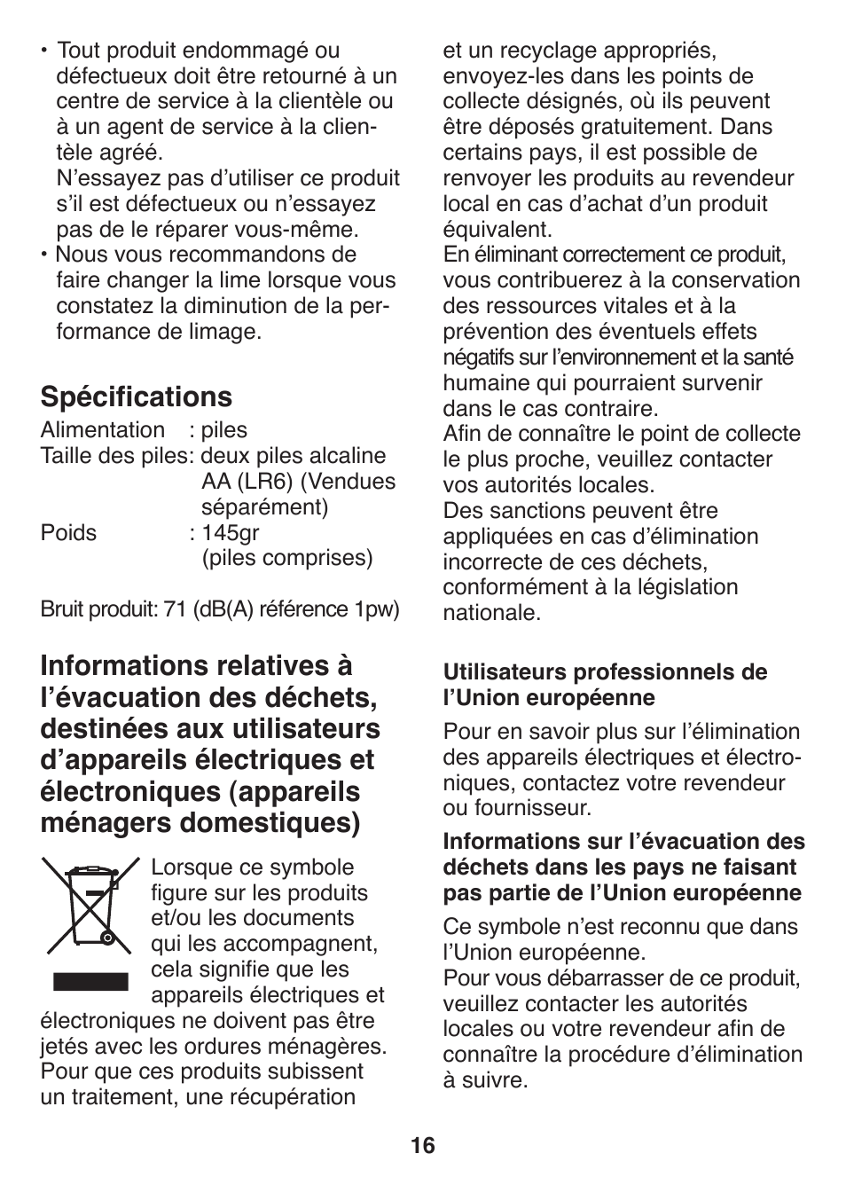Spécifications | Panasonic ES2502 User Manual | Page 16 / 80