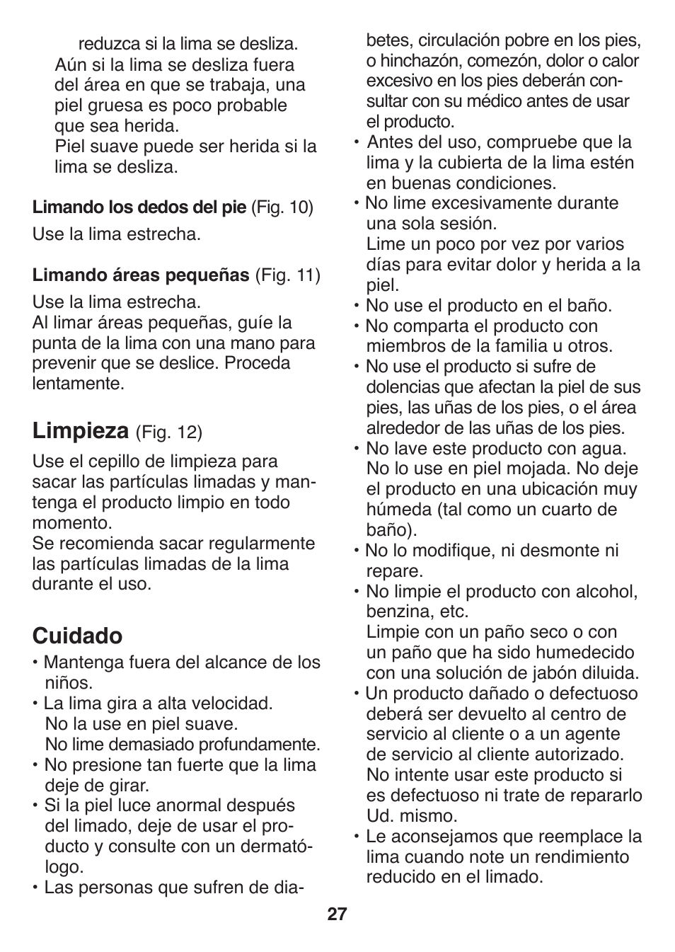 Limpieza, Cuidado | Panasonic ES2502 User Manual | Page 27 / 80
