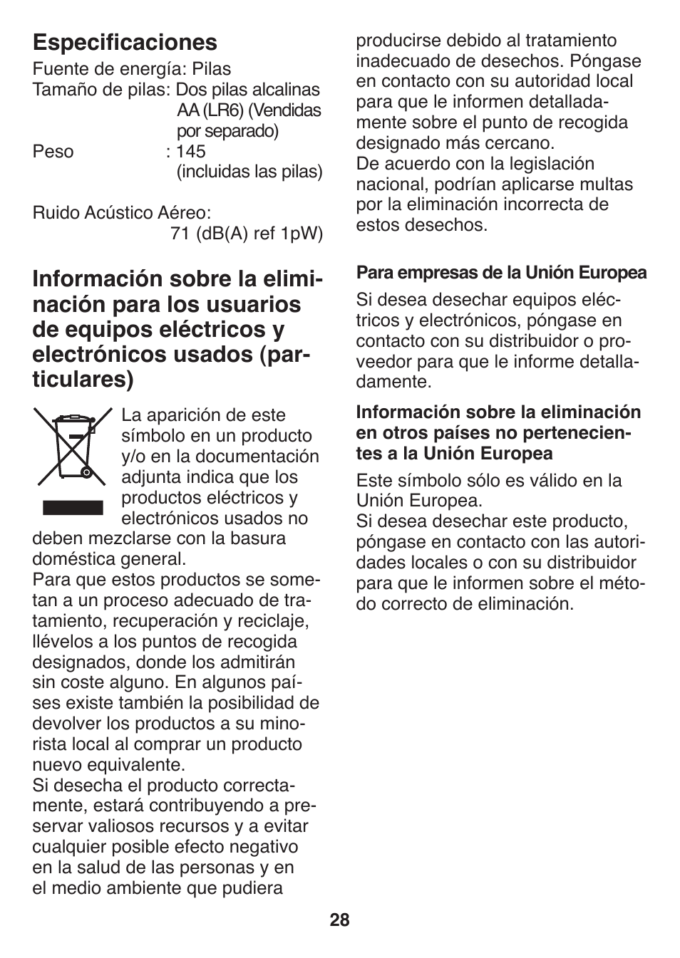 Especificaciones | Panasonic ES2502 User Manual | Page 28 / 80