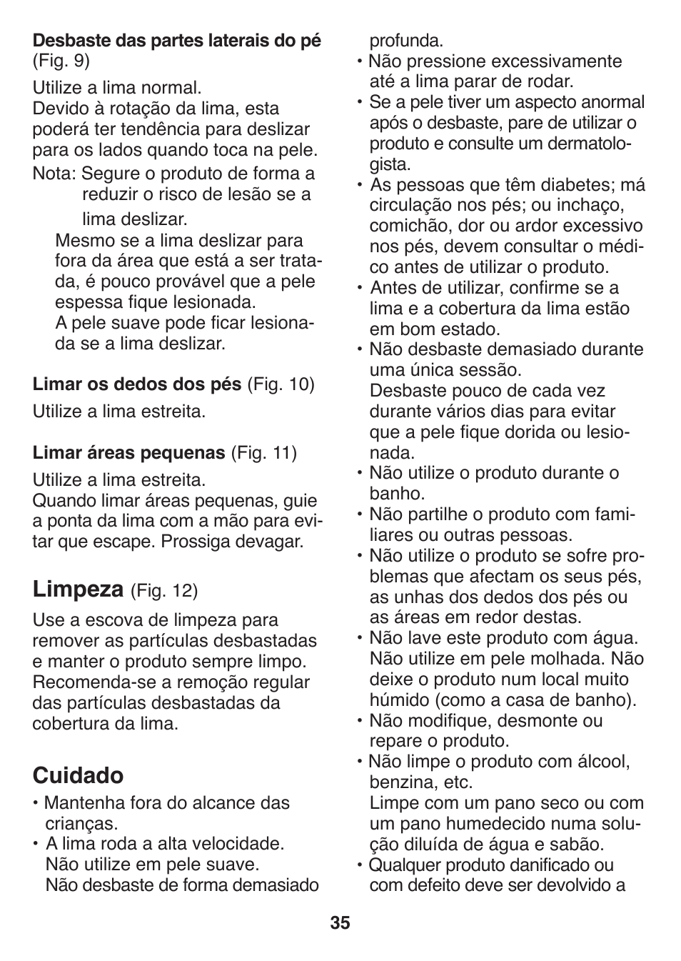 Limpeza, Cuidado | Panasonic ES2502 User Manual | Page 35 / 80