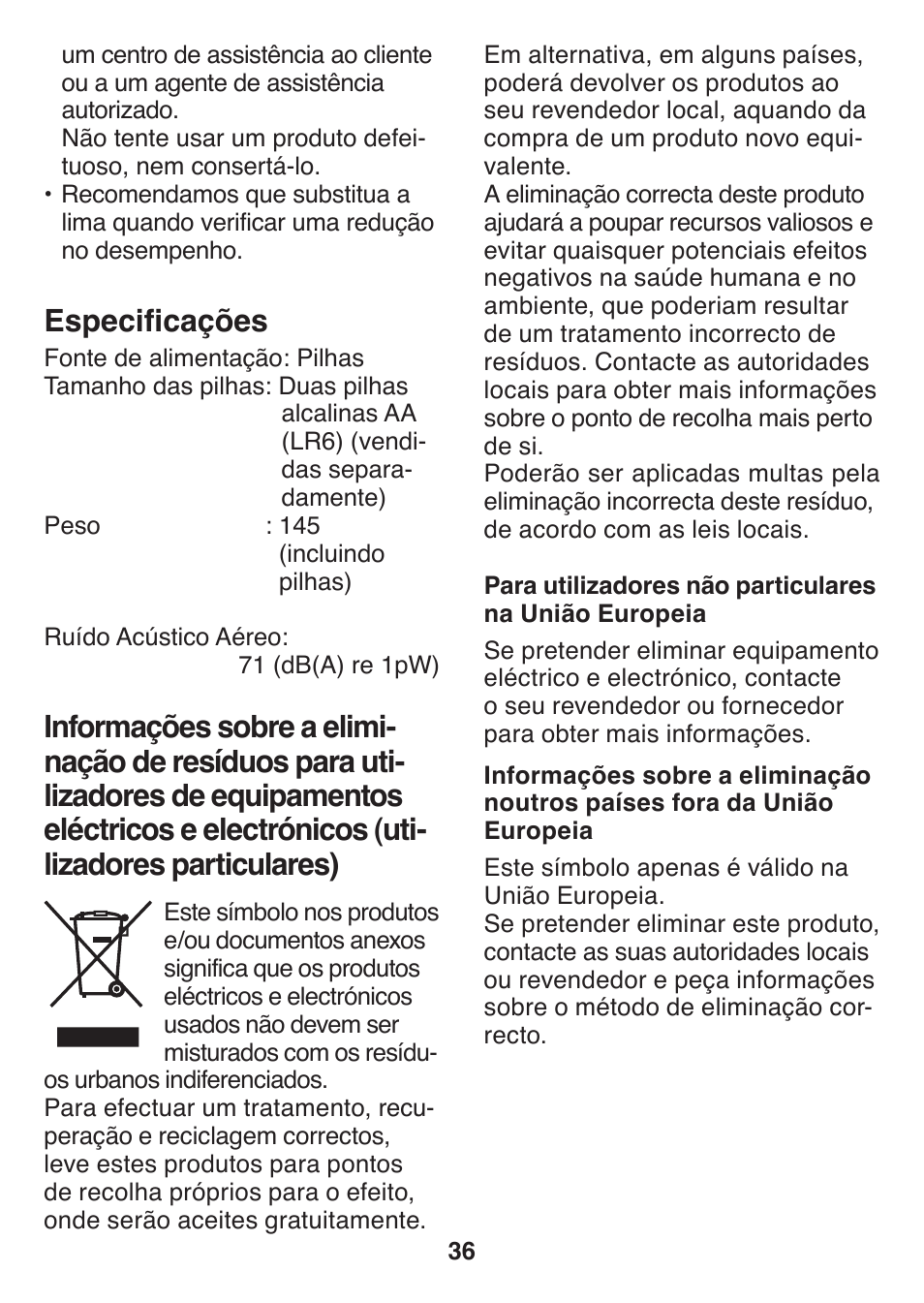 Especificações | Panasonic ES2502 User Manual | Page 36 / 80