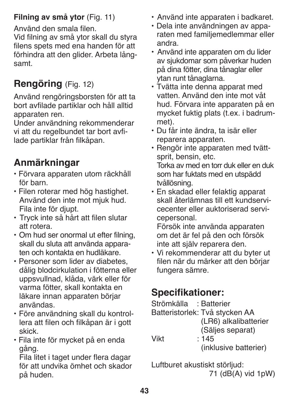 Rengöring, Anmärkningar, Specifikationer | Panasonic ES2502 User Manual | Page 43 / 80