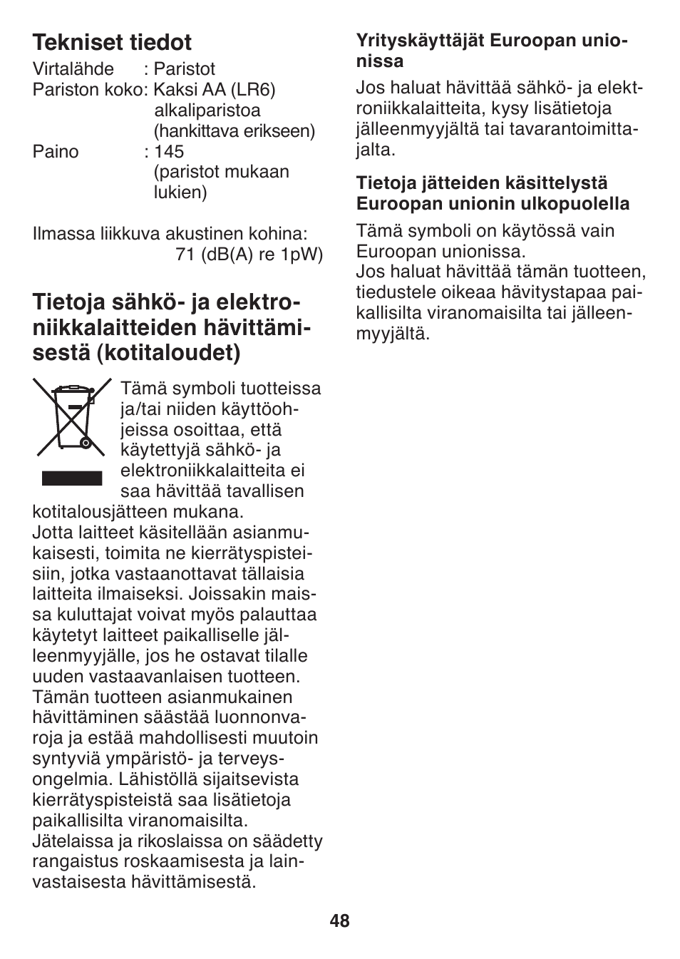 Tekniset tiedot | Panasonic ES2502 User Manual | Page 48 / 80