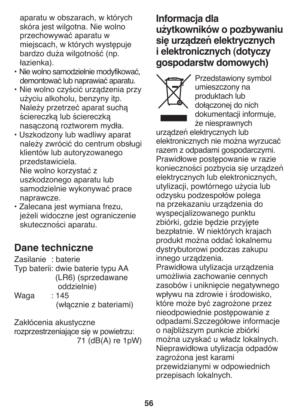 Dane techniczne | Panasonic ES2502 User Manual | Page 56 / 80