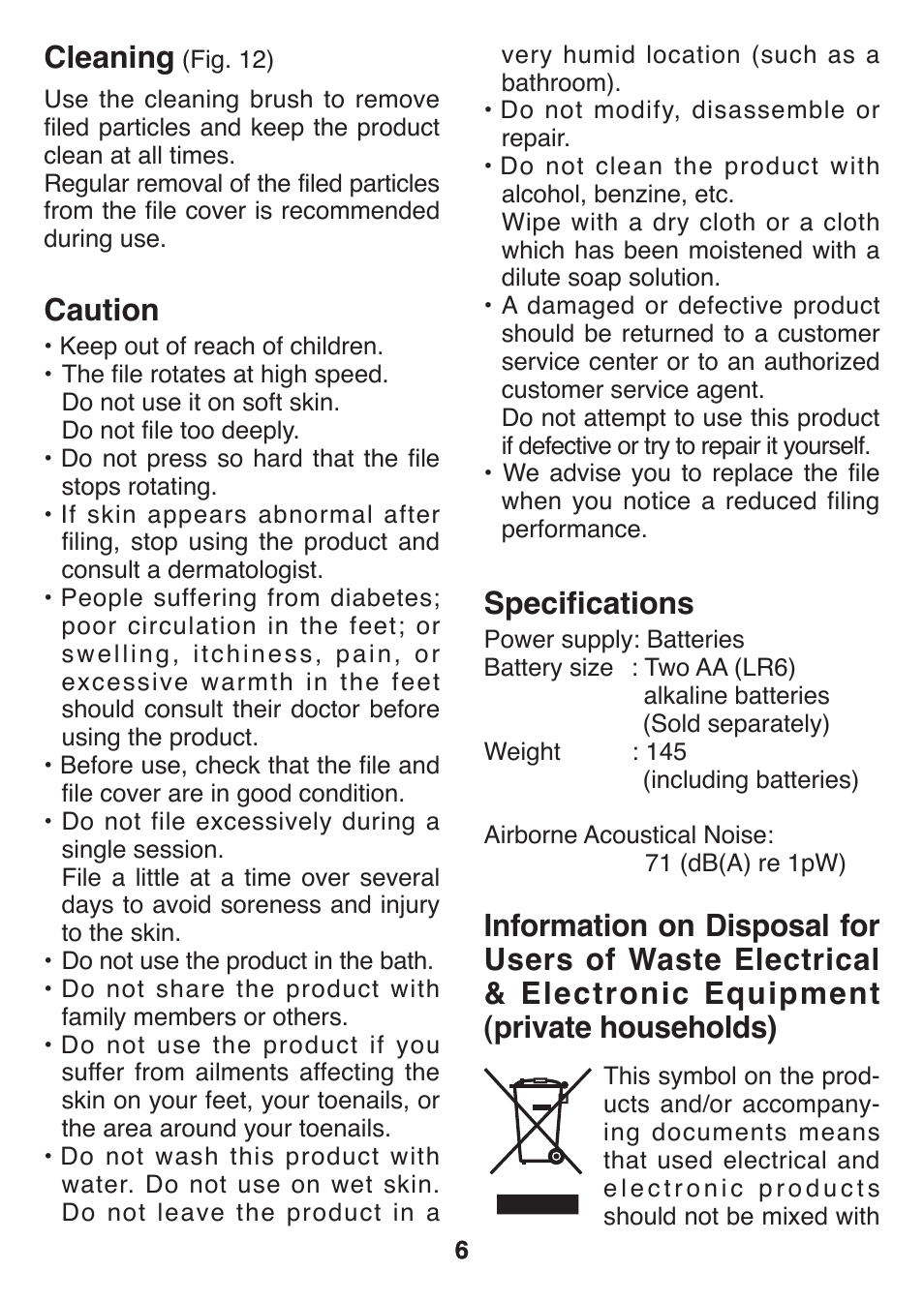 Cleaning, Caution, Specifications | Panasonic ES2502 User Manual | Page 6 / 80