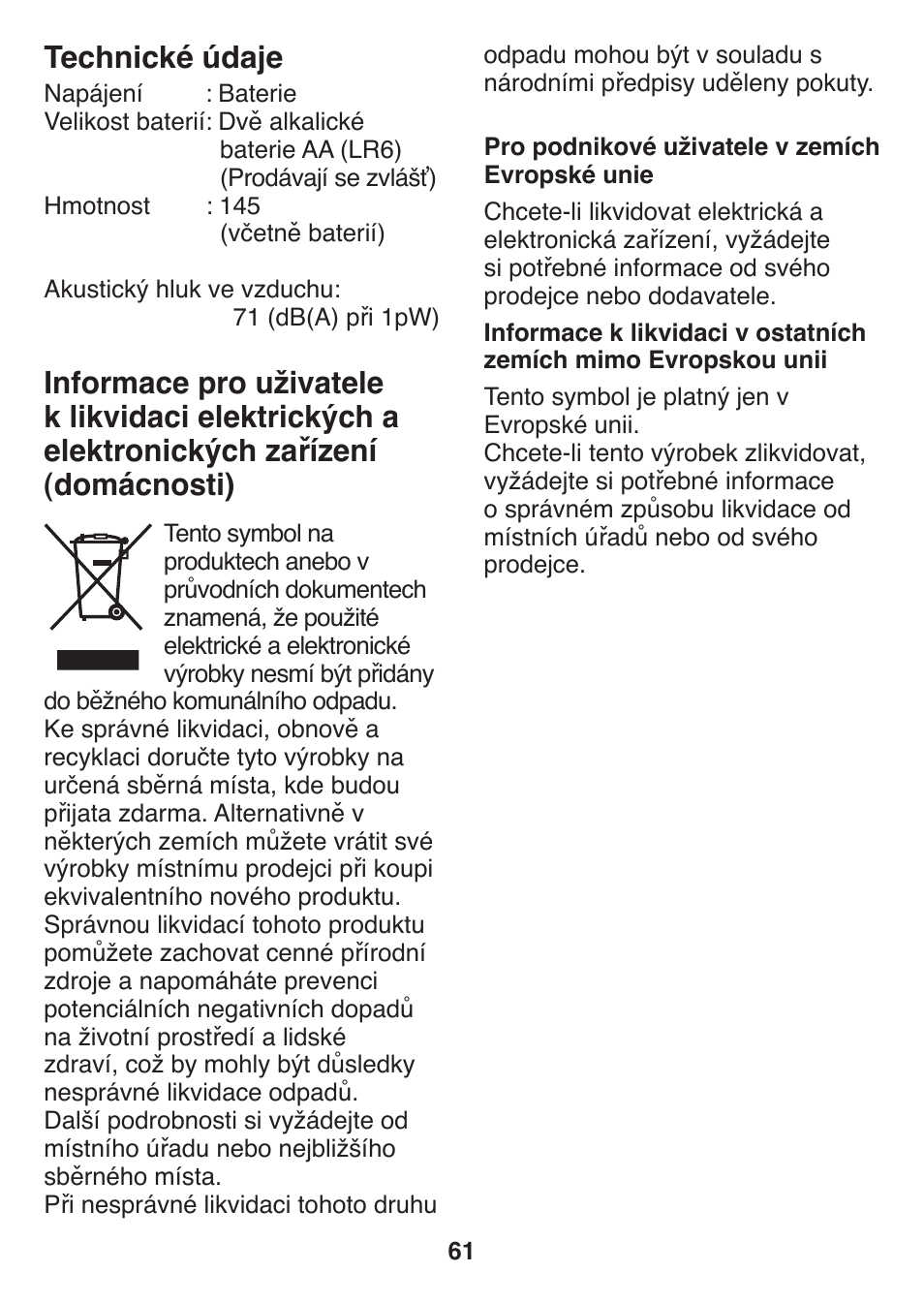 Technické údaje | Panasonic ES2502 User Manual | Page 61 / 80