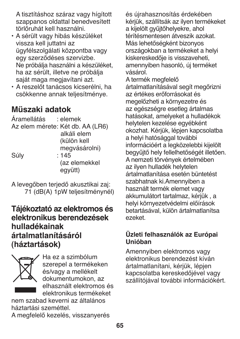 Műszaki adatok | Panasonic ES2502 User Manual | Page 65 / 80