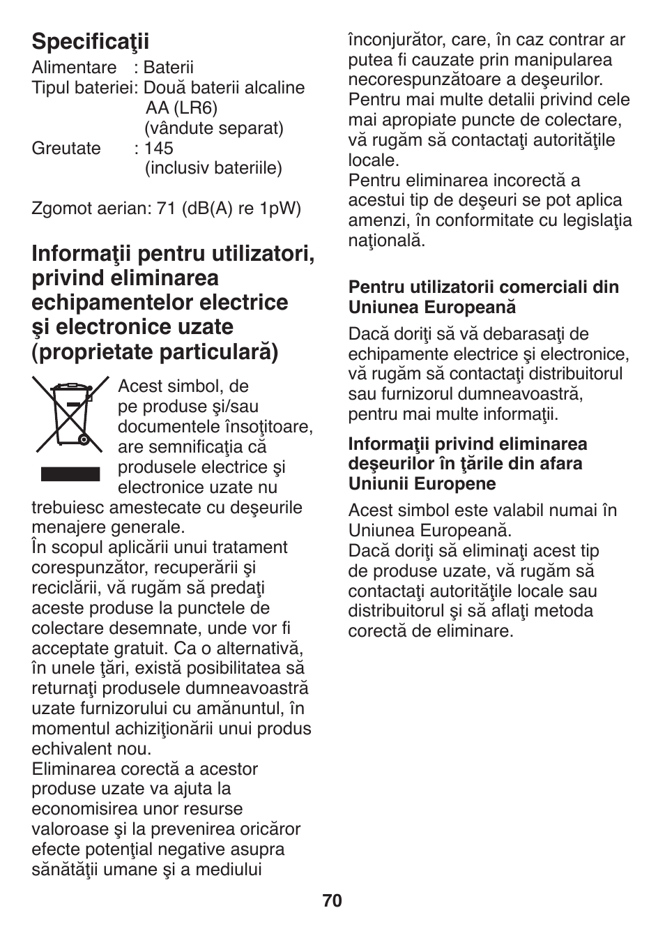 Specificaţii | Panasonic ES2502 User Manual | Page 70 / 80