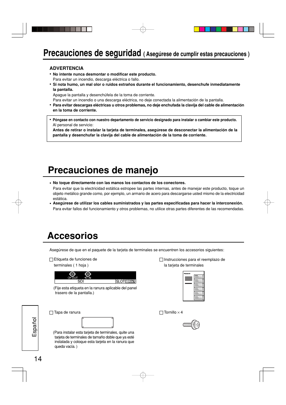 Precauciones de seguridad, Accesorios, Precauciones de manejo | Asegúrese de cumplir estas precauciones ) | Panasonic TYFB7SD User Manual | Page 14 / 16