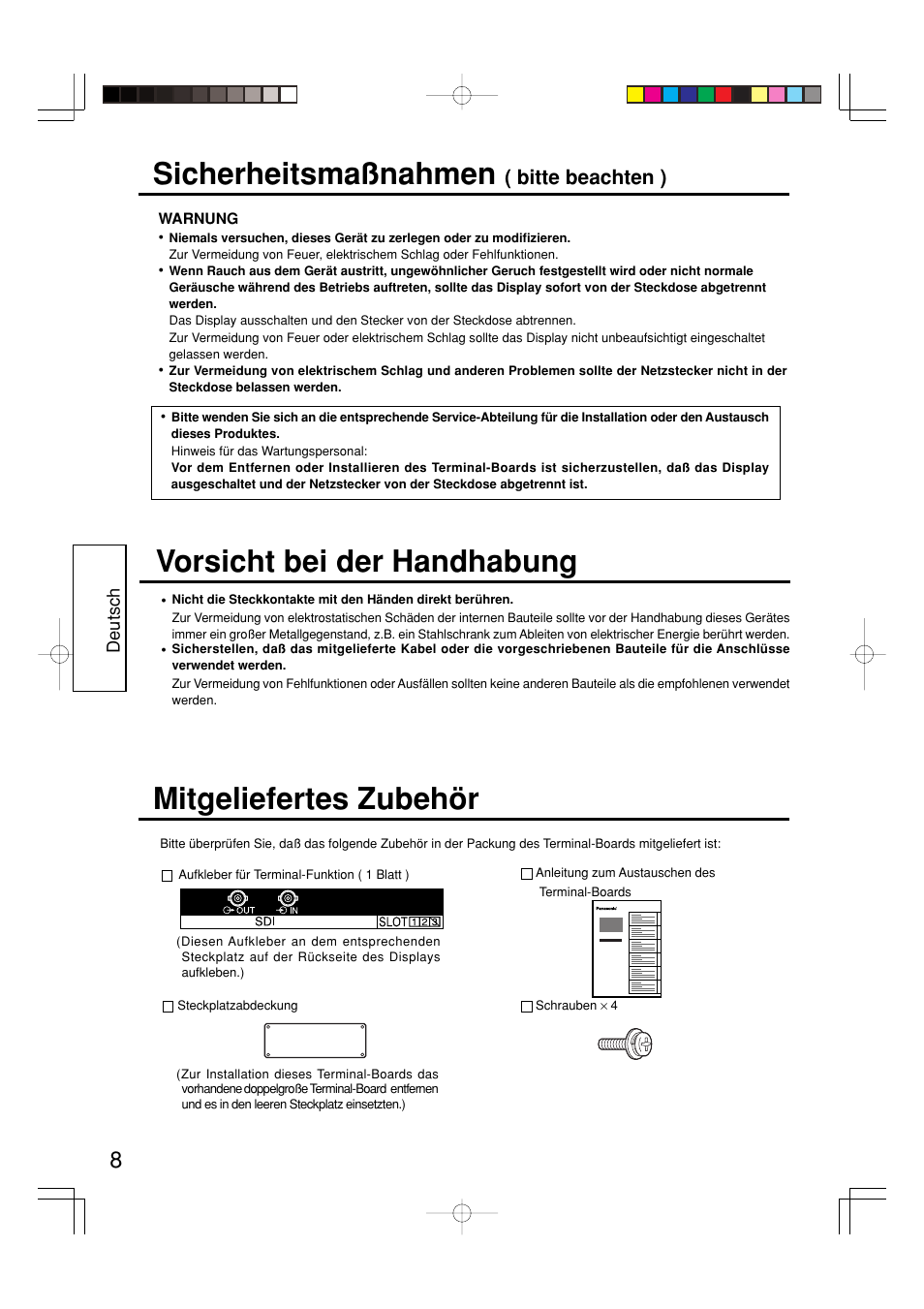 Sicherheitsmaßnahmen, Mitgeliefertes zubehör, Vorsicht bei der handhabung | Bitte beachten ) | Panasonic TYFB7SD User Manual | Page 8 / 16