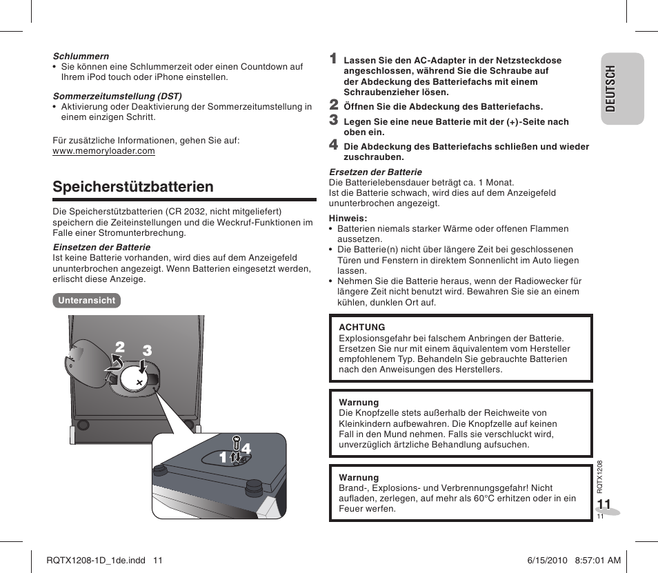 Speicherstützbatterien | Panasonic RCDC1EG User Manual | Page 11 / 76